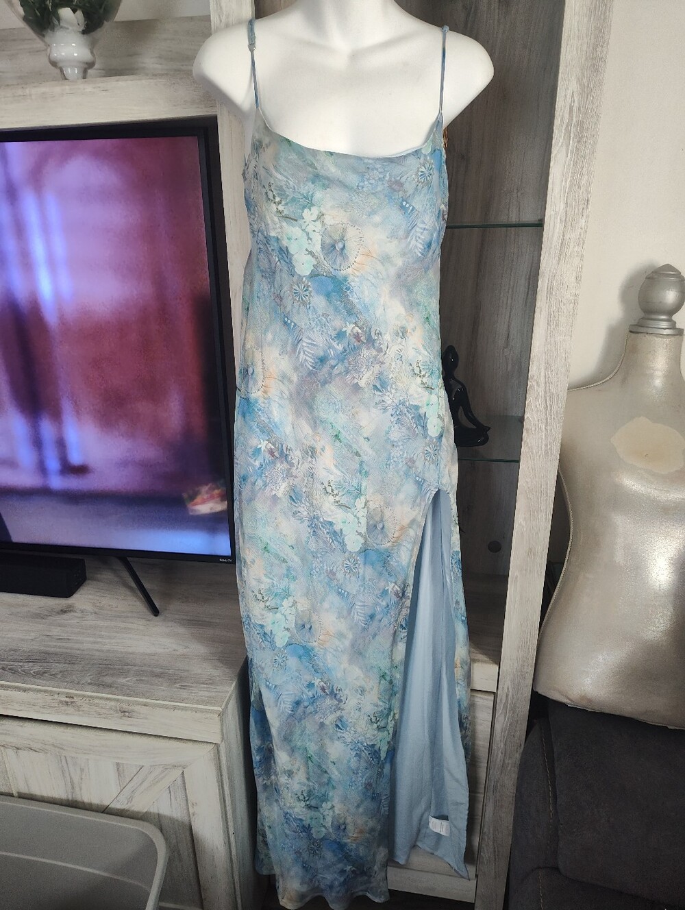 Peppermayo Blue Aqua PaisleyWatercolor Slip Dress with High Slit SZ 4, New - Picture 2 of 9